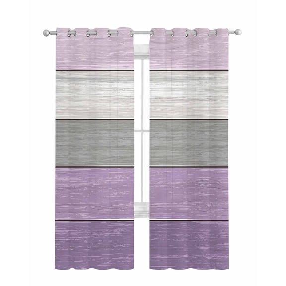 Purple Grey Wood Grain Sheer Curtains 63 Inch Length 2 Panels Set for Living Room/Bedroom, Ombre Rustic Retro Wooden Plank Kitchen Curtains Grommet Semi-Sheer Curtains Window Treatments 42"x63"x2
