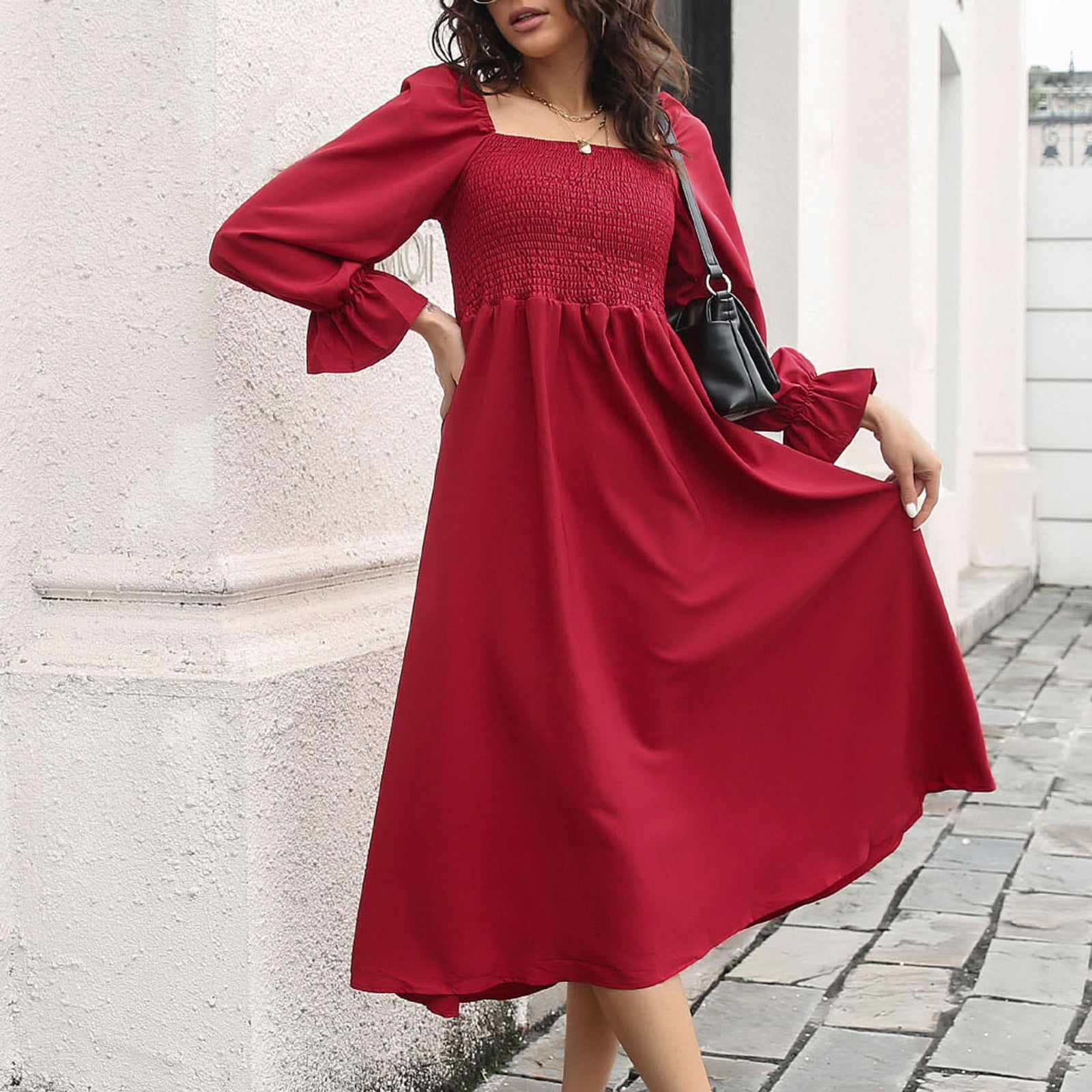 Efsteb Fall Dresses for Women Solid Color Loose Fashion Casual Long Sleeve  Dress Square Neck Flared Sleeve Elegant Pleated Dresses Red S