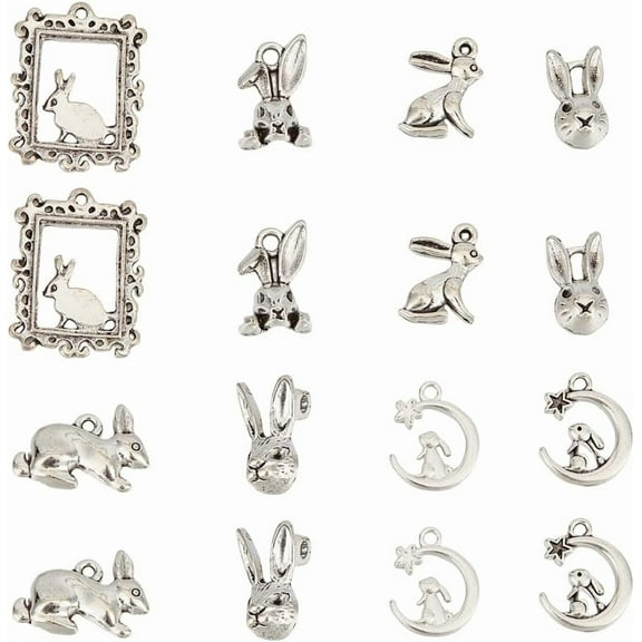 Colorful 1 Box 64Pcs 8 Styles Rabbit Charms Bulk Pet Charm Easter Metal Alloy Cute Silver Tibetan Animal Bunny Charm for Jewelry Making Charms DIY Keychain Bracelet Earrings Necklace Crafting