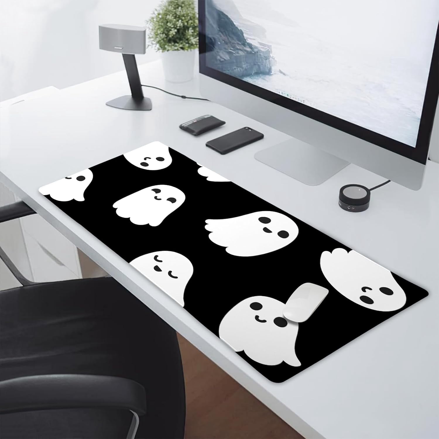 Halloween Cute Ghost Mouse Pad Large Cartoon Spooky Funny Spirit Extended Desk Mat Non-Slip Rubber Base Stitched Edge Large XL Black White Mousepad for Desk Gaming Laptop Desktop,24x14 Inch