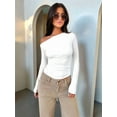 thumbnail image 5 of Women'S Off Shoulder Tops Dressy Long Sleeve Asymmetrical Slim Fit Going Out Fall Blouse Ruched Shirts Cream White S, 5 of 8