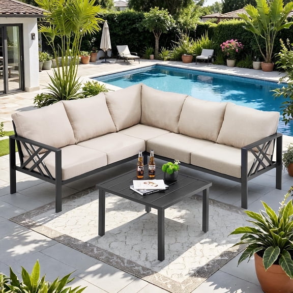 ROGALIS Patio Furniture Set, 6 Pcs L-Shaped Metal Outdoor Sofa W/5.5" Cushion, Coffee Table, Beige