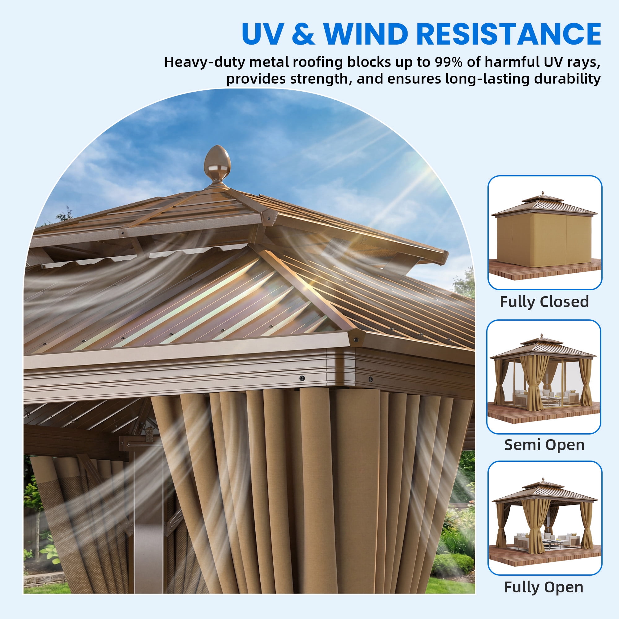 Dextrus 10x10ft Double Roof Hardtop Gazebo with Netting and Curtains, Outdoor Heavy Duty Galvanized Steel Combined of Vertical Stripes Roof,Ideal for Patio, Backyard, Deck, Lawns-Bronze