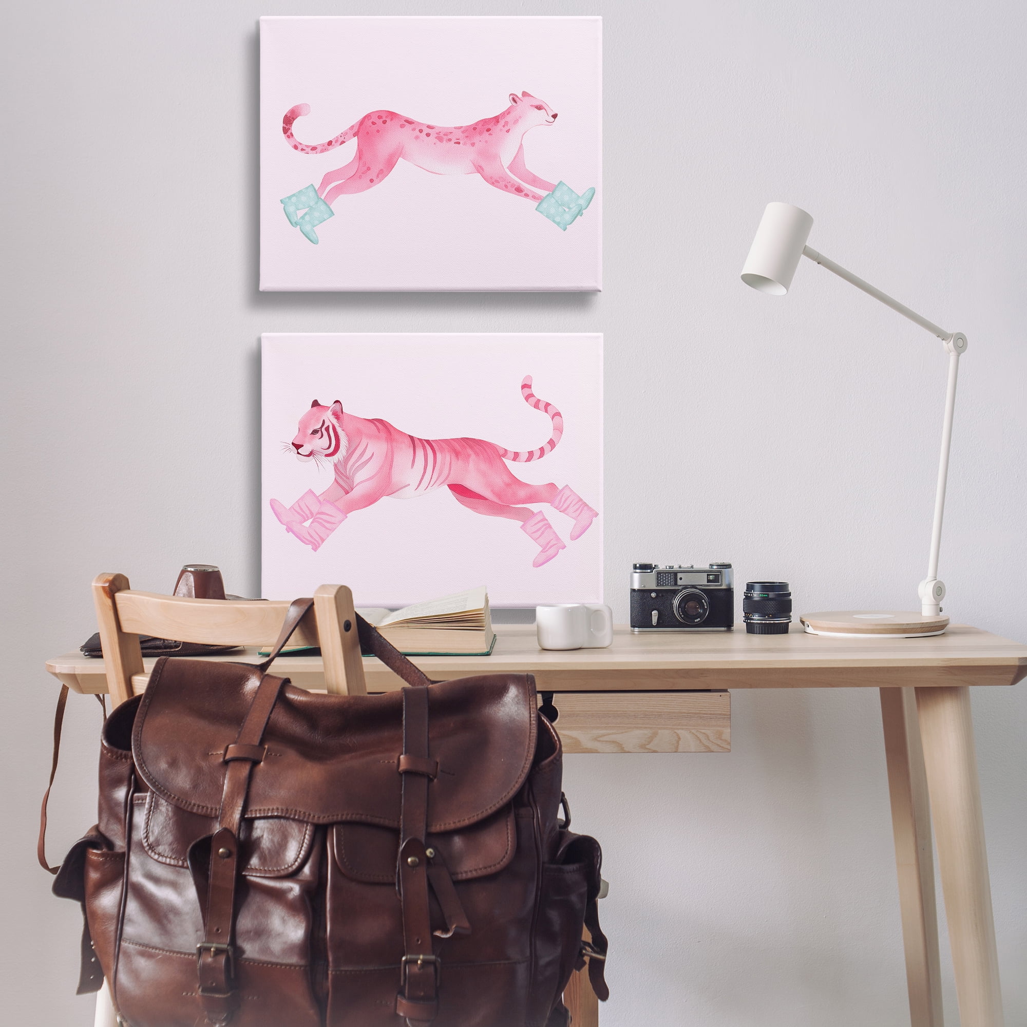 Stupell Industries Sprinting Jungle Animals in Boots Animals Painting Wrapped Canvas Art Print Wall Art, 30 x 24, Set of 2
