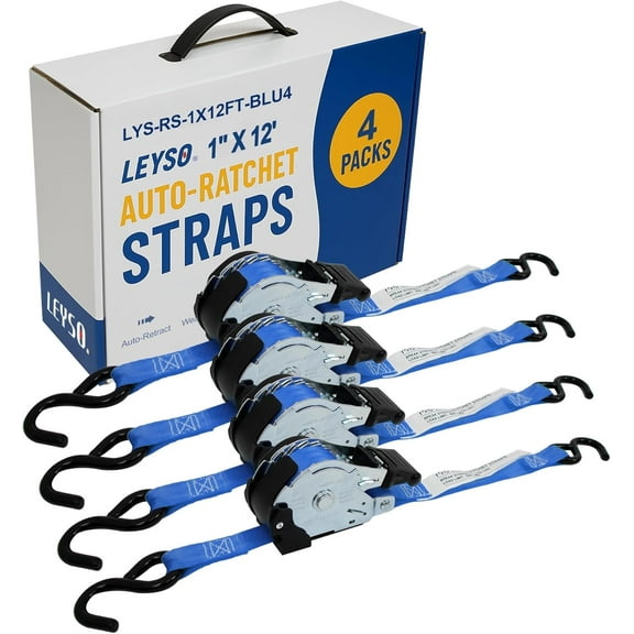 Leyso 1 Inch x 12 Ft Retractable Ratchet Straps, Auto Ratchet Straps with 1500 lbs Break Strength, Retractable Ratchet Tie Down Straps for Jet Skis, Motorcycles, Boats (4 Pack - Blue)