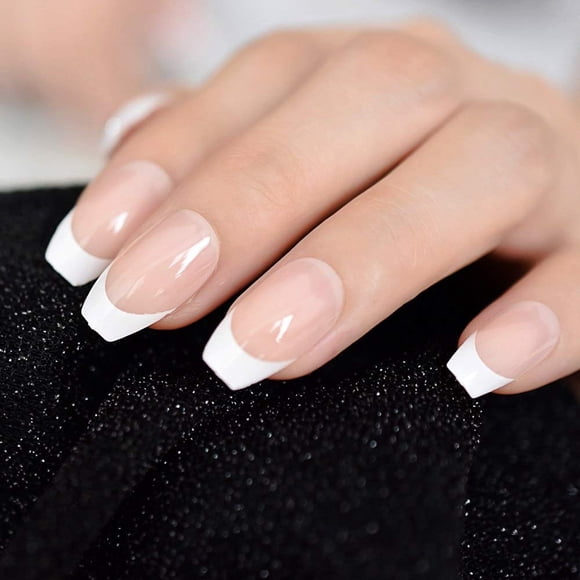 CoolNail Uñas postizas postizas de ataúd francés blanco desnudo natural Prensa sobre uñas planas de bailarina Consejos artísticos Uso diario de los dedos en la oficina Manicura 24 piezas