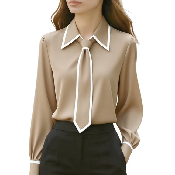 Women Tie Neck Blouse Long Sleeve Shirt Elegant Business Casual Dressy Top for Office Work Khaki S