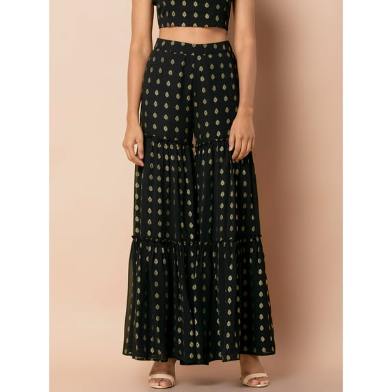 Indya Women's Black Foil Tiered Sharara Pants