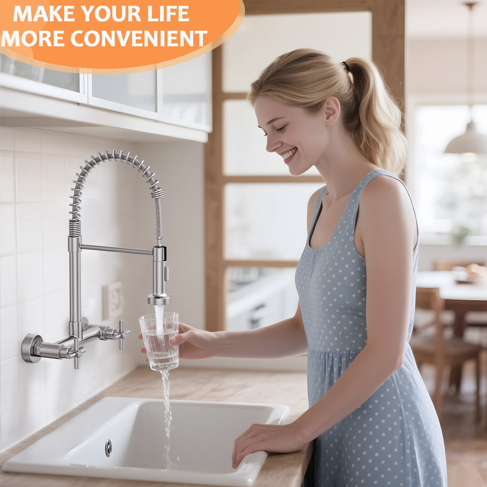 KINGTACK Wall Mount Kitchen Faucet,8 inch Commercial Sink Faucet with Sprayer, Dual Handles Utility Sink Faucet for Kitchen Laundry Restaurant,Stainless Steel, Chrome