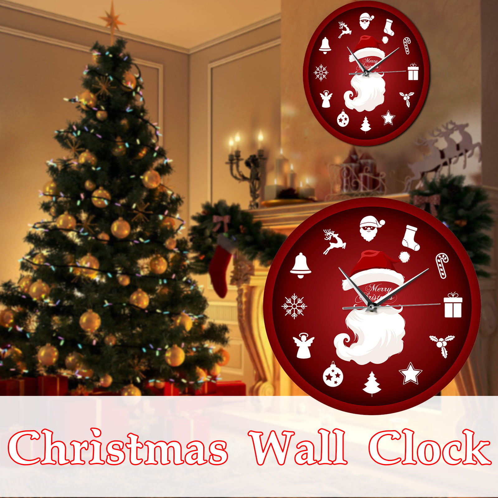Vinisong Christmas Ho Ho Ho Santa Claus PVC Clock for Wall Black and White  Stripes Santa Decorative Wall Clock Battery Operated Silent Square Wall
