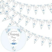 Christening Decorations for Boys Blue - 3 Pack Christening Decorations Banners, 36pcs Baptism Flag Bunting, First Holy Communion Decorations for Boys