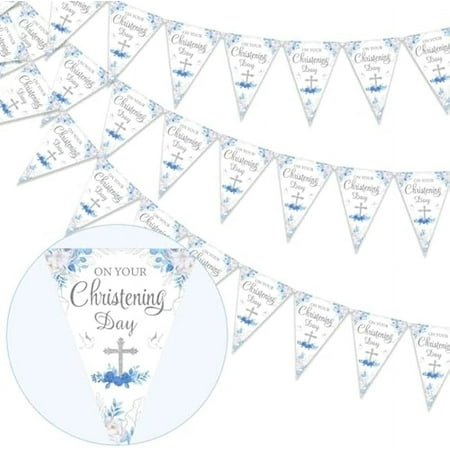 Christening Decorations for Boys Blue - 3 Pack Christening Decorations Banners, 36pcs Baptism Flag Bunting, First Holy Communion Decorations for Boys