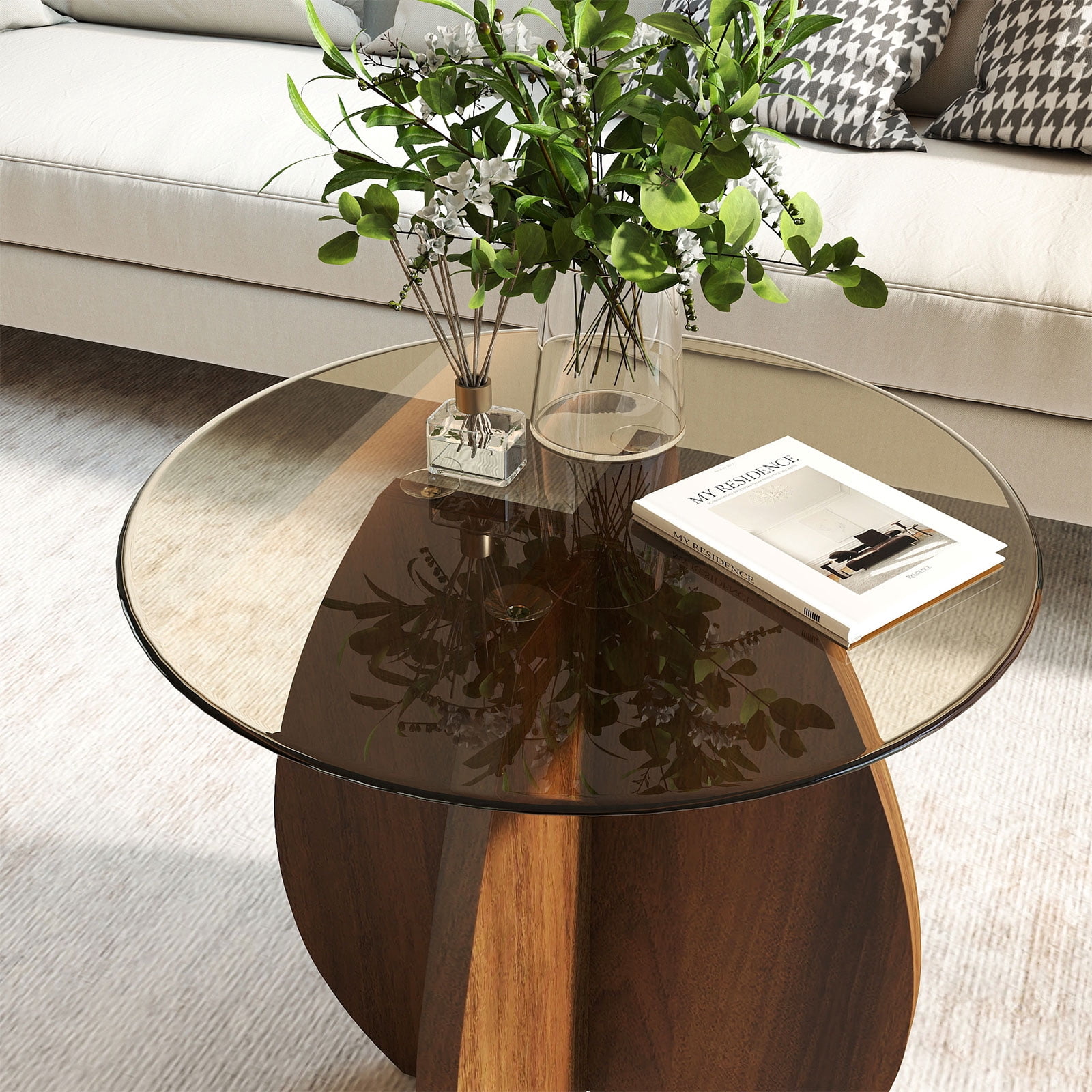Permory MDF Frame Side Table with Brown Tempered Glass Top, Mortise and Tenon Joint Design, No Screw Easy Assembly, Sturdy End Table for Living Room, Bedroom