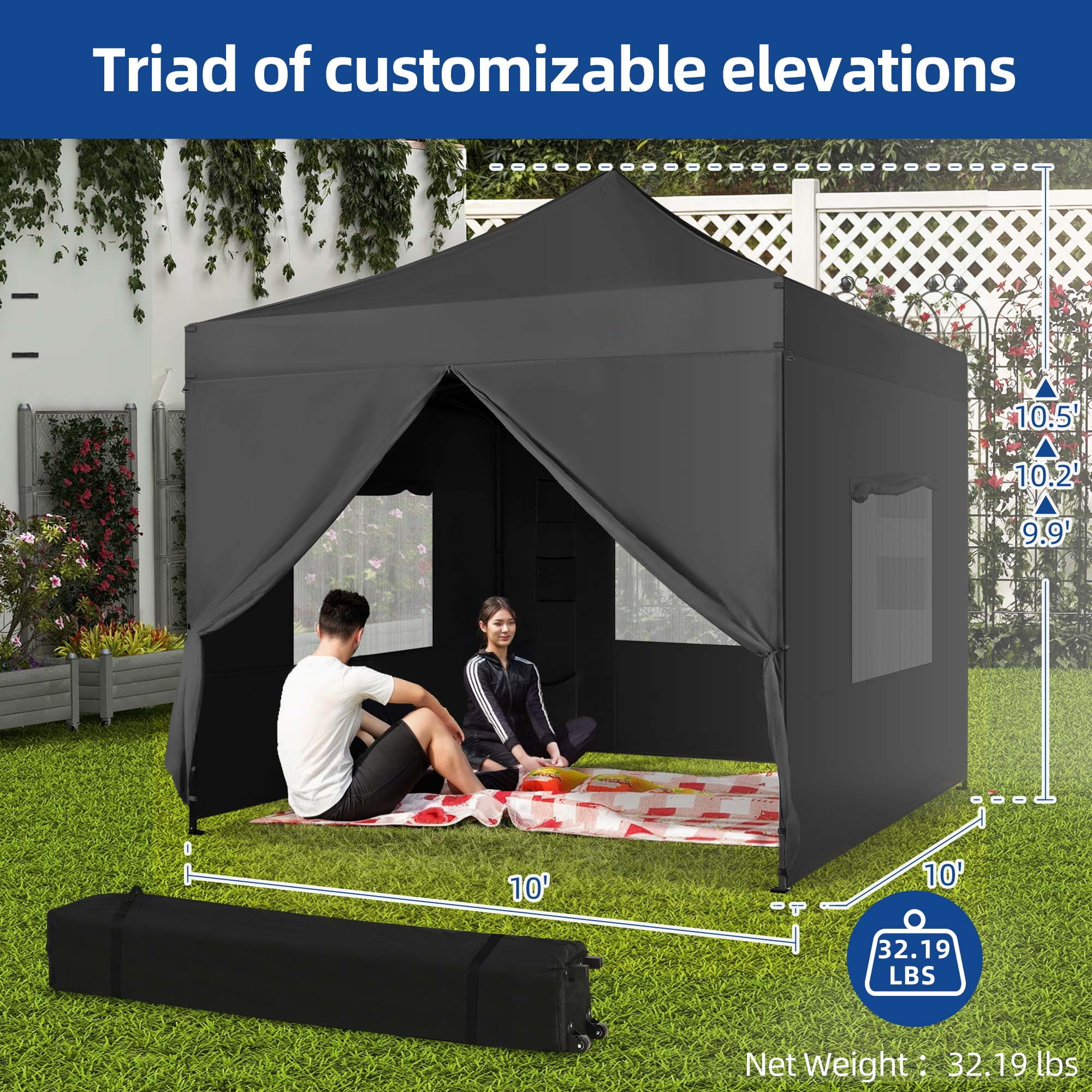 Uforic 10x10ft Outdoor Pop Up Canopy Tent with 4 Removable Sidewalls - Black