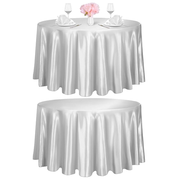 TURSTIN 2 Pieces 120 inch Round Light Silver Satin Tablecloths, Satin Table Covers for 60‑inch Round Tables, for Wedding Banquet Party Decor