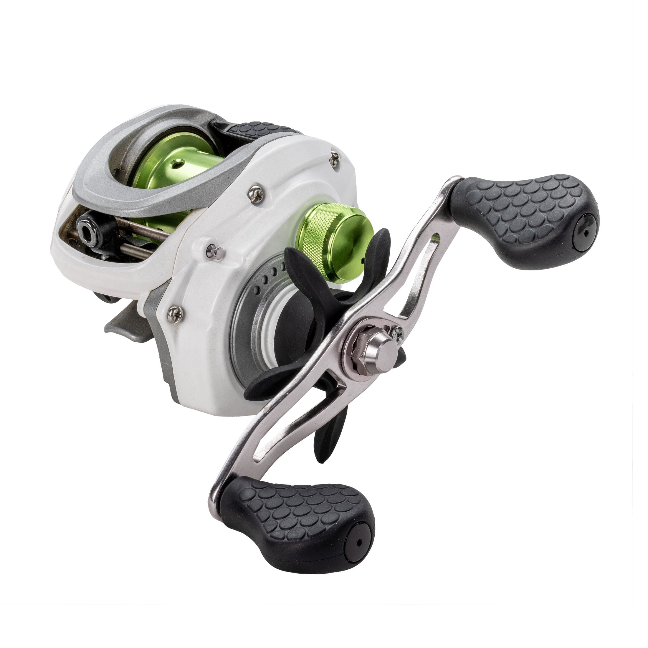 Lew’s MACH 1 SS Baitcast Fishing Reel, 7+1 Bearings, 7.5:1 Gear Ratio, Graphite Frame and Sideplate, Shallow Spool, Multi-Setting Brake, Combat Grips, Left-Hand Retrieve, White/Gray/Green