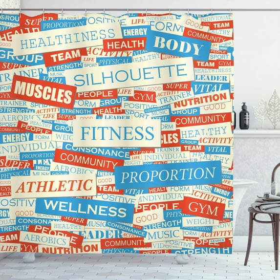 Ambesonne Fitness Shower Curtain, Jumble Words of Exercise, 69"Wx70"L, Ivory Vermilion Blue