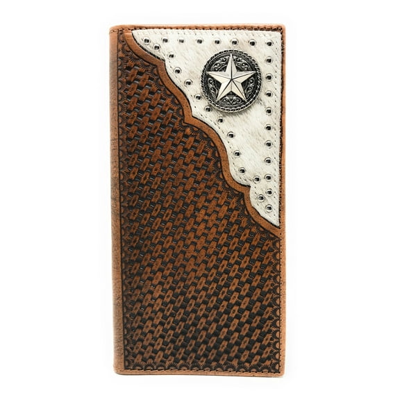 Western Genuine Leather Cowhide Cow fur Basketweave Star Men's Long Bifold Wallet in 3 colors
