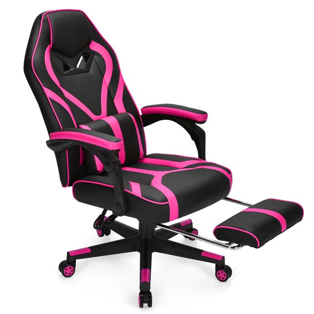 Giantex Chaise de Jeu, Fauteuil Inclinable Ergonomique avec Coussin Lombaire de Massage, Dossier Réglable, Repose-Pieds et Roulettes, Style Course pour Bureau à Domicile, Rose
