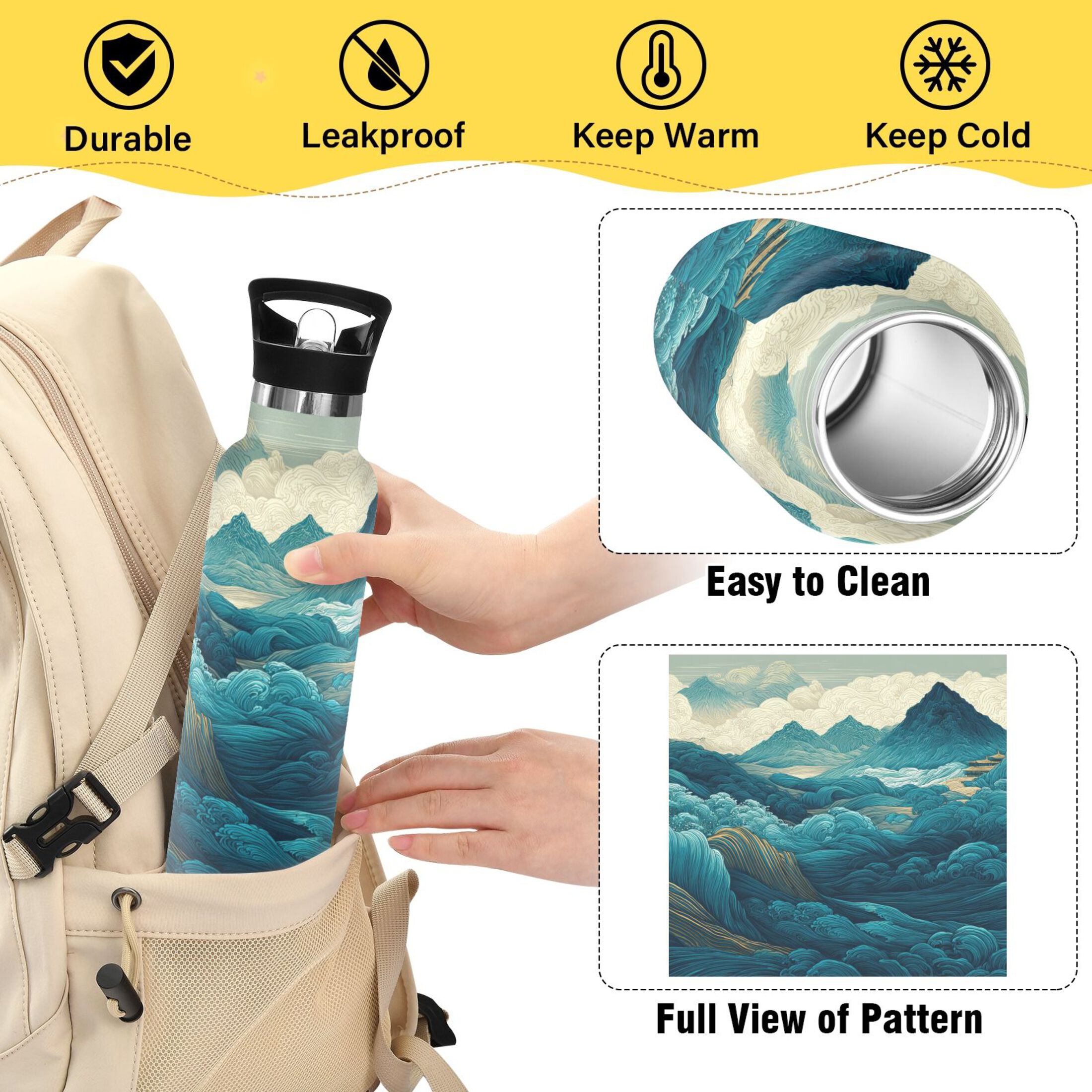 600ML Stainless Steel Insulated Cup Sports Water Bottle Portable Thermos Cup Water Glasses Insulated Tumblers Convenient and Durable Beautiful Green Mountains