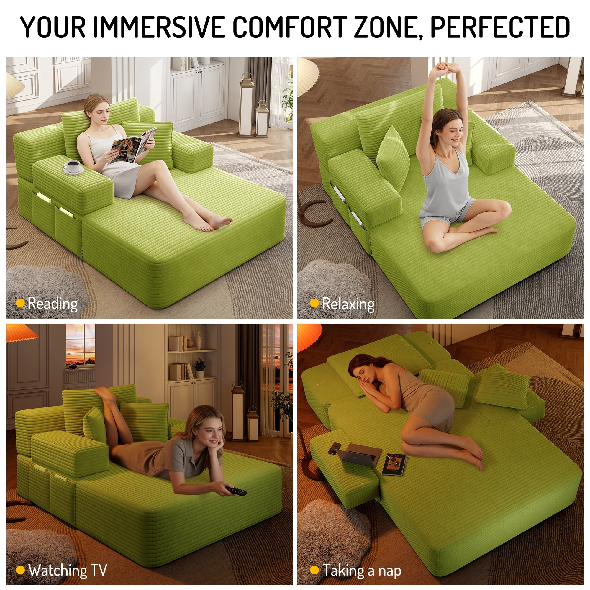 Aukfa Oversized Corduroy Chaise Lounge Chair, Convertible Boneless Sleeper Sofa Bed with 3 Pillows&Storage Pockets, Apple Green