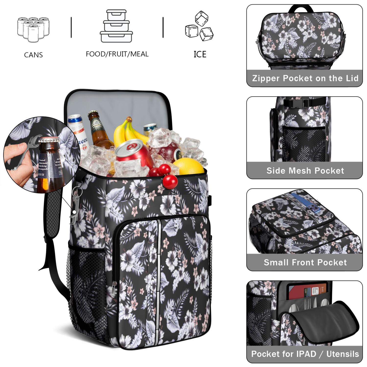 Travel Cooler Bag - Pioneer Flower Floral Print Pattern Camping Beer Cooler Backpack with Bottle Opener- Waterproof Insulated Picnic Backpacks - Cooler Bag for Beach