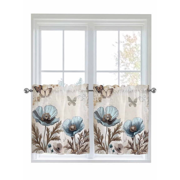 Half Window Curtains 24 Inches Long, Teal Tulip Window Treatment Curtain Drapes, Vintage Spring Floral Summer Botanical Brown Short Curtains Tiers for Kitchen Over Sink, 27.5"x24", 2 Panels