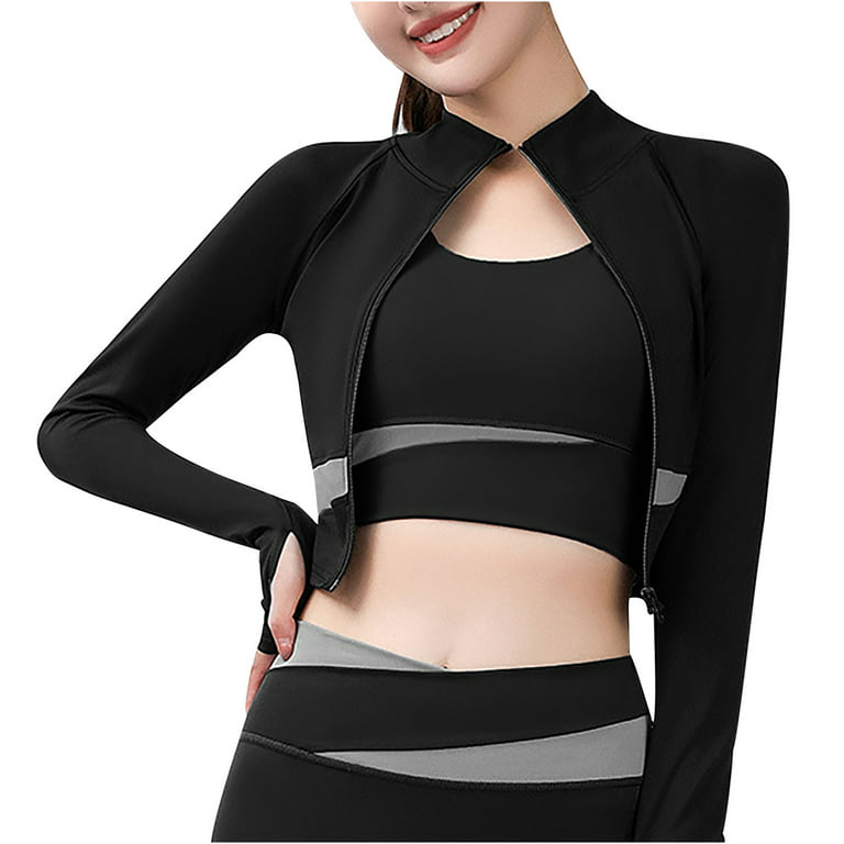 Hfyihgf Women's Sports Yoga Cropped Jacket Slim Fit Stretchy Full Zip  Athletic Workout Lightweight Long Sleeve Jacket Crop Top with Thumb