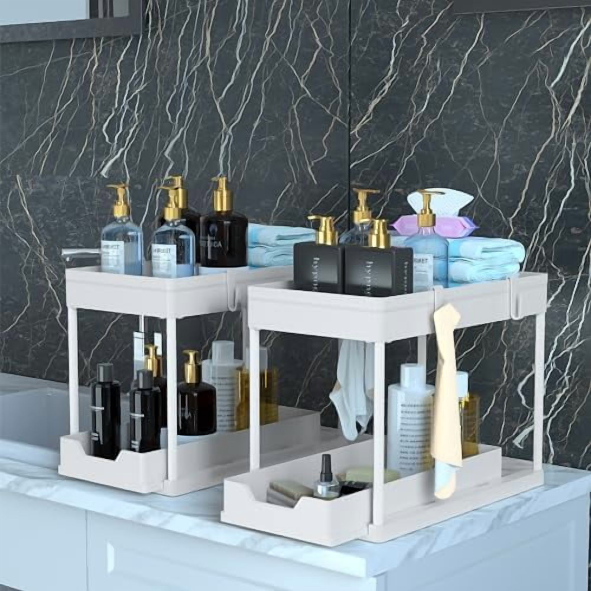 Cabinet, 2 Pack Under Sink Organizer, 2 Tier Sliding Bathroom Kitchen Organizer, Large White ABS Baskets, Easy Install & Clean