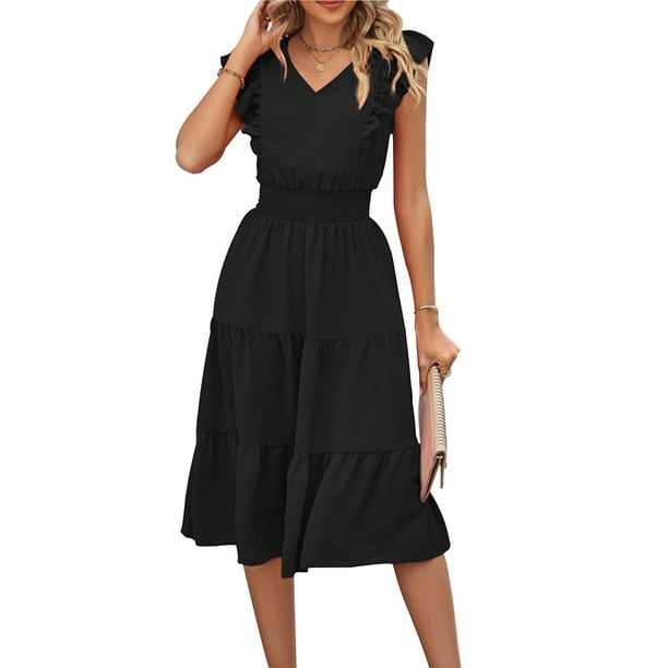 Миди-Платья Vestido de mujer de una línea sin mangas con cuello en V vestido largo suave para cóctel (negro L) Cgtredaw Para estrenar