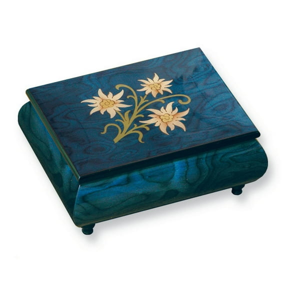 Handcrafted High Gloss Finish Blue Floral Inlay Wooden Music Box Plays  ISLE of CAPRI with Velvet Lining GM7517