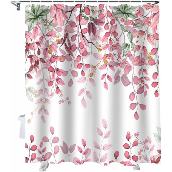 Pink Green Leaves Valentines Day Shower Curtain, Spring Eucalyptus Leaves Shower Curtain Set with Hooks, Winter Holiday Waterproof Fabric Shower Curtains for Bathroom Decor, 72x72 Inch Bath Curtain
