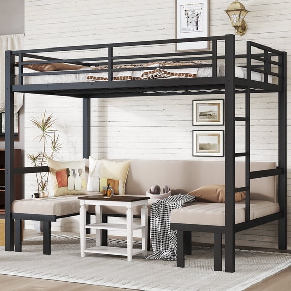 Full over Full size pull-out Metal Bunk Bed, lower bunk can be pulled out in three sections, top bunk equipped with safety rails, black.