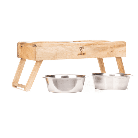 UPC: 0810058051417 | Pronk! Natural Brown Large 19 x 8 Inch Wood Adjustable Water & Pet Food Feeder