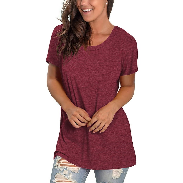 TEMOFON Womens Tops Crew Neck Tee Summer Casual Short Sleeve T Shirts Solid  Color Loose Tunic Blouse Top Red Wine
