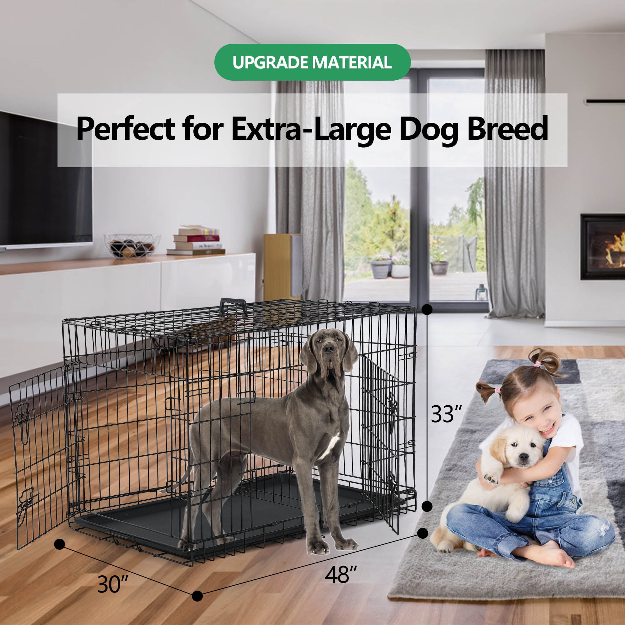 CL.HPAHKL Large Dog Crate for Medium Large Dogs, 48 inch Folding Metal Dog Kennel Double Door Dog Cage with Plastic Tray, Pet Dog Wire Crate Indoor Outdoor Travel, Black