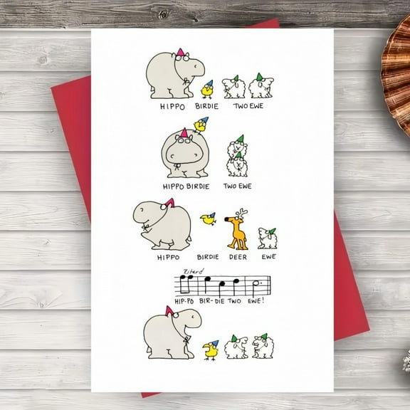 Adorable Hippo Birthday Greeting Card - Cute Animal Illustration - Blank Inside for Personalized Messages