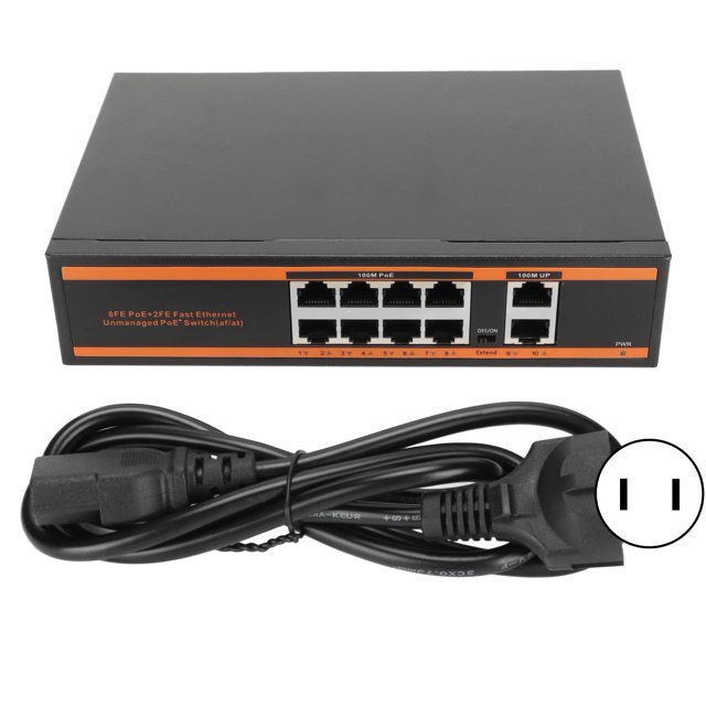 Conmutador PoE de 10 puertos, 8x100M, PoE, 2x100M, RJ45, diseño sin ventilador, IEEE 802.3at/af, 120W, conmutador PoE Ethernet, enchufe estadounidense de 100?240V