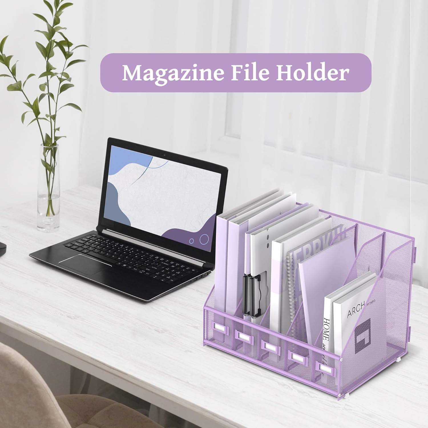 INTIGE Desk Organizer Magazine File Rack with 5 Vertical Compartments, Metal Mesh for Desk and Home Workspace