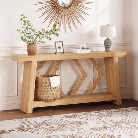 70 Inch Long Console Table with 2-Tier Storage Farmhouse Sofa Table for Living Room Entryway Narrow Behind Couch Table Trapezoidal Entryway Table for Hallway