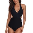 thumbnail image 2 of HAPIMO One Piece Monokini High Cut Swimsuit Bathing Suit Women Bandage Push Up Pad Ruched Floral Beachwear Halter-Straps Swimwear Tropical Hawaii Hot Spring Black, 2 of 5