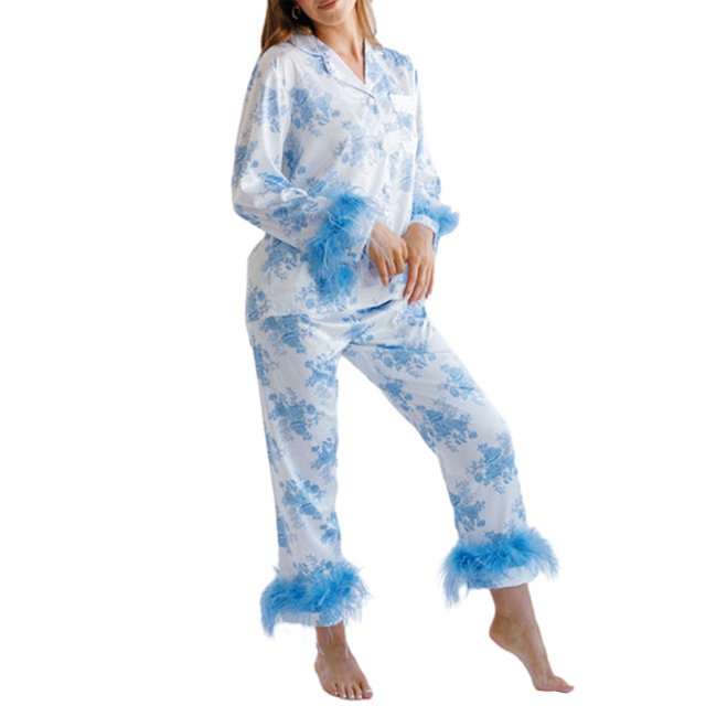 Mialoley Women Pajama Set, Flower Print Furry Patchwork Long Sleeve Button-down Tops with Pants Sleepwear Loungewear