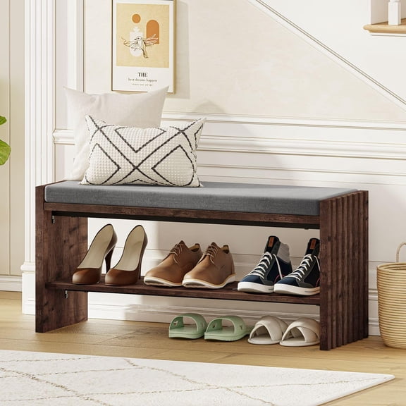 Rustic Oak Shoe Storage Bench with Cushioned Seat, Open Shelving, 40 Inch
