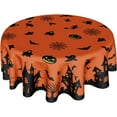thumbnail image 1 of Halloween Tablecloth Round 60 Inch Pumpkin Black Spider Web Bat Table Cloth Halloween Ghost Orange Table Cover Decorative for Home Kitchen Dining Indoor Outdoor Party Picnic Home Halloween Decor, 1 of 6