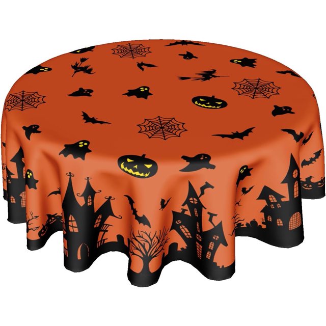 Halloween Tablecloth Round 60 Inch Pumpkin Black Spider Web Bat Table Cloth Halloween Ghost Orange Table Cover Decorative for Home Kitchen Dining Indoor Outdoor Party Picnic Home Halloween Decor