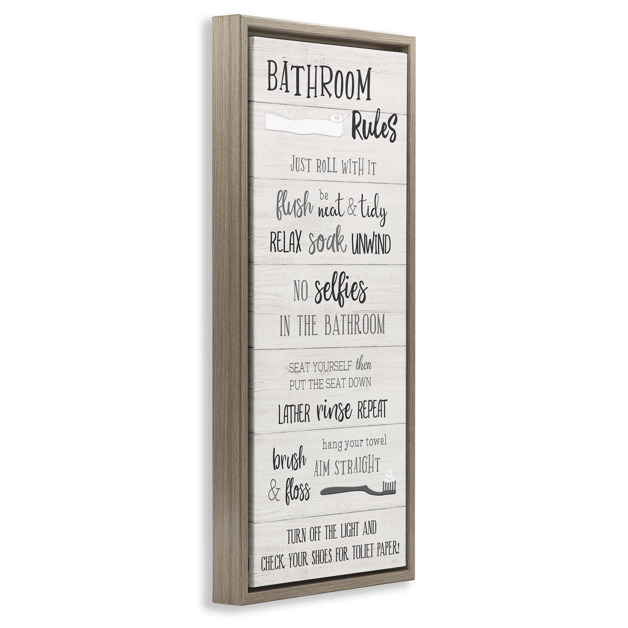 Stupell Industries Fun Bathroom Rules Sign Abstract Painting Brown Floater Framed Canvas Art Print Wall Art, 11 x 25
