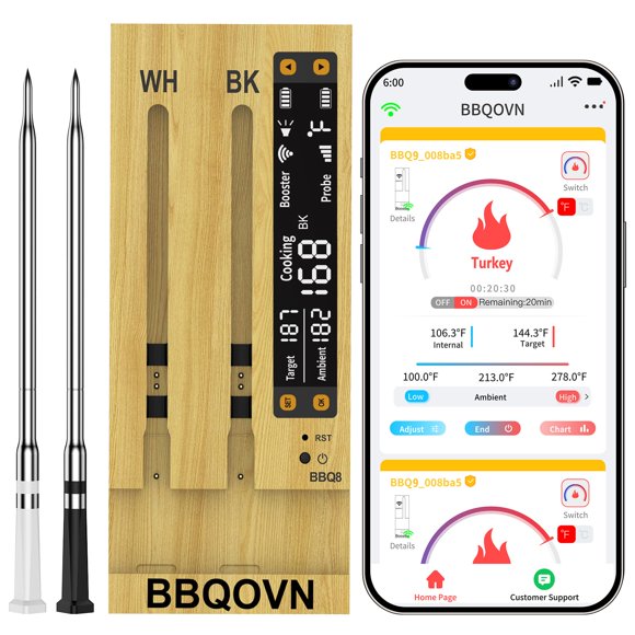 Termómetro para carne BBQOVN WiFi Sub-1G inalámbrico con 7 sensores