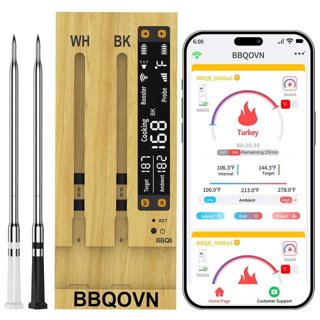 Termómetro para carne BBQOVN WiFi Sub-1G inalámbrico con 7 sensores