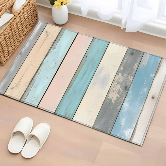 Blue Pink Cream Stripe Bathroom Rug Washable 2x3 Entryway Rug Non Slip Farmhouse Vintage Wooden Front Door Mat Low Pile Indoor Doormat Throw Floor Carpet for Kitchen Bedroom Entrance