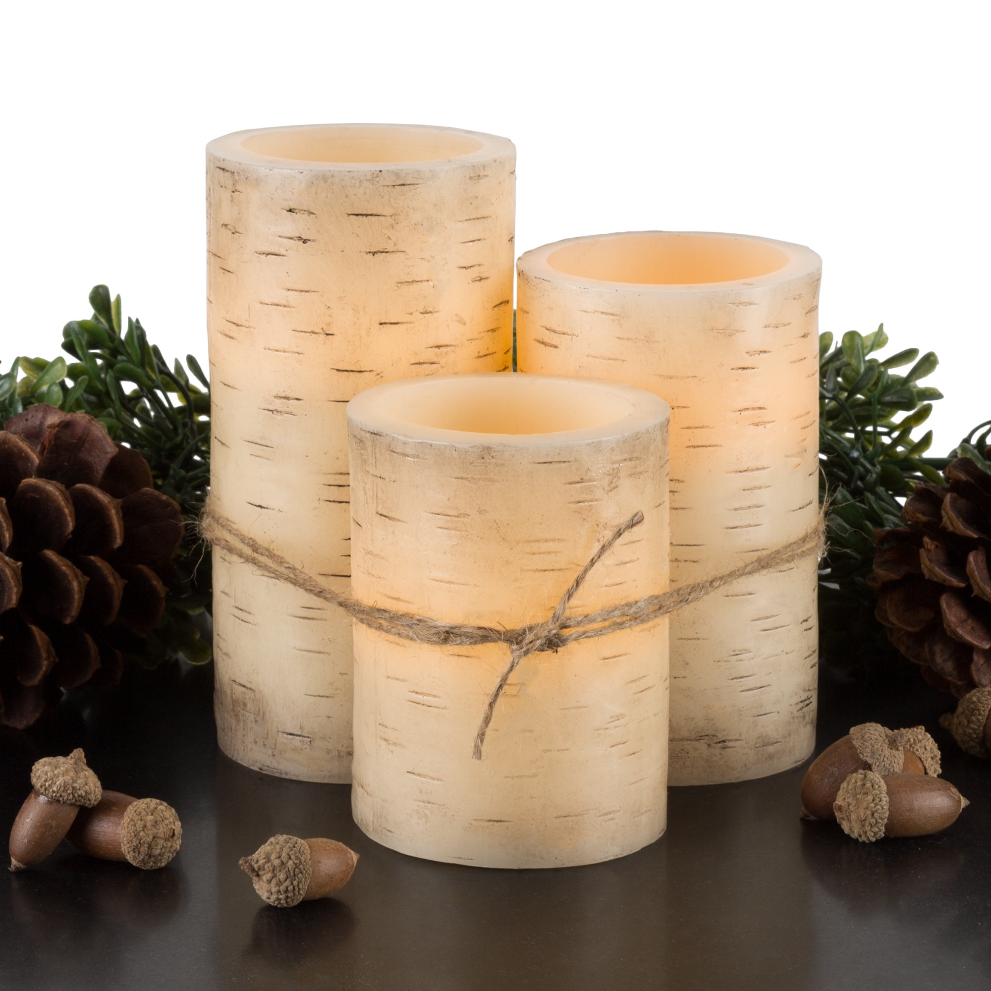 Batteries Included Flameless Christmas Candle with Timer Function Warm White Flickering Light Battery Operated Pillar Candles with Birch Effect Finish Set of 3 